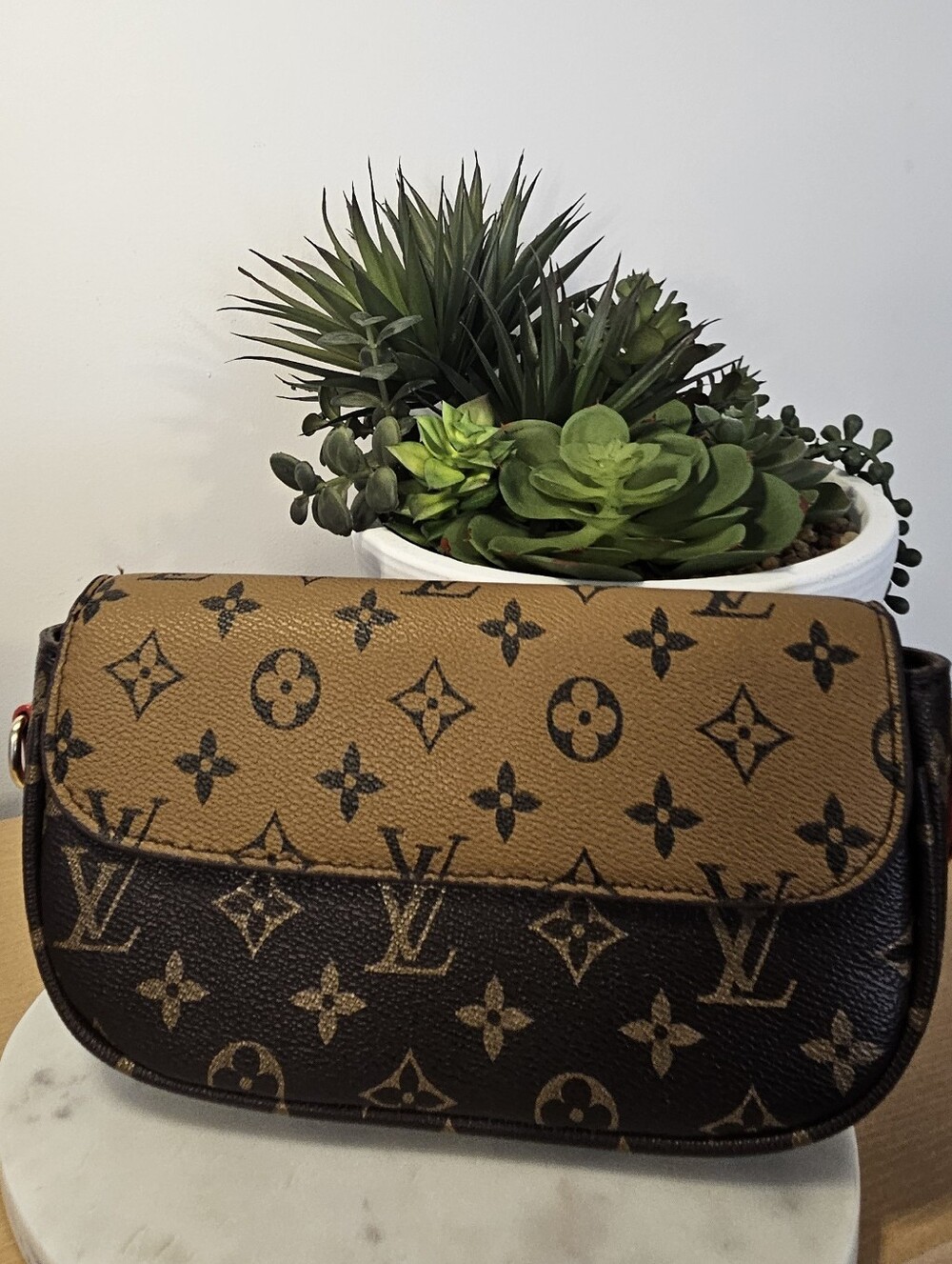 Designer Inspired Two-Tone Monogram Crossbody Bag In Brown & Tan